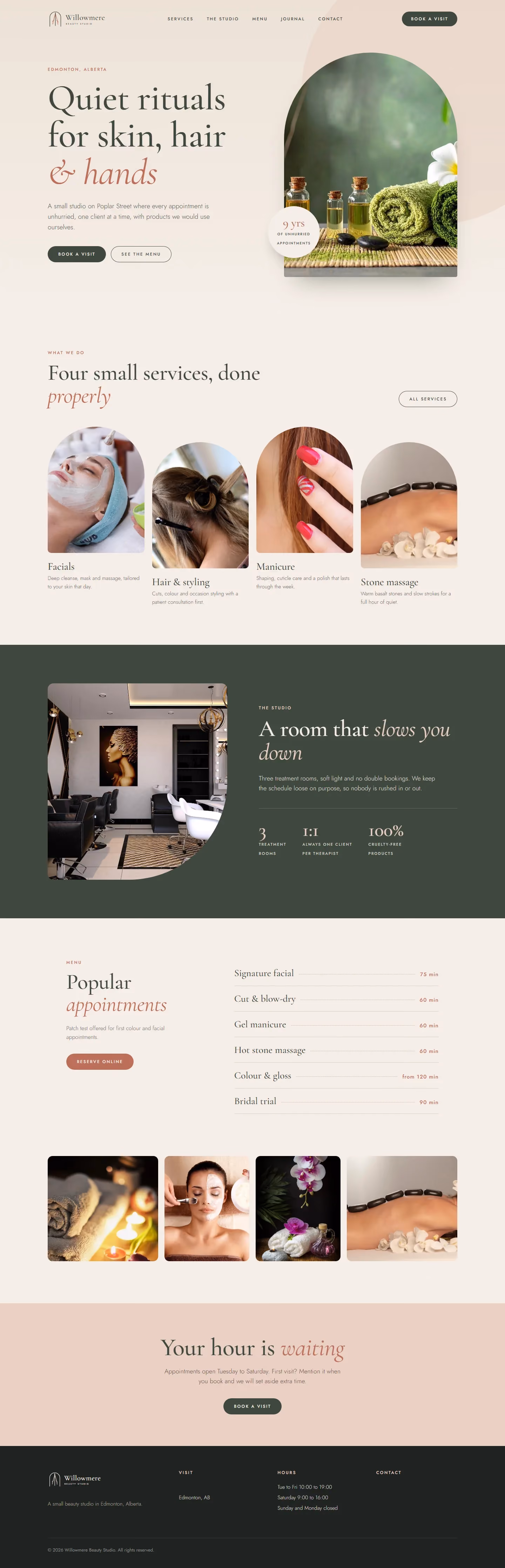 Willowmere Beauty Studio website home page on desktop